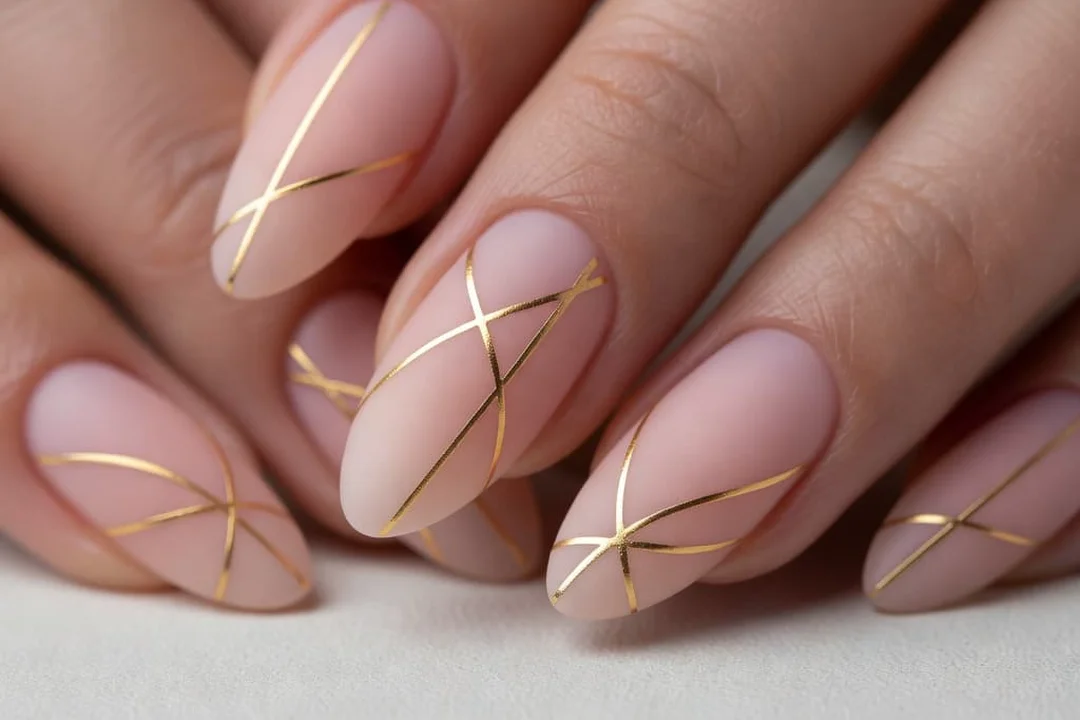 Nude nails with fine gold line art