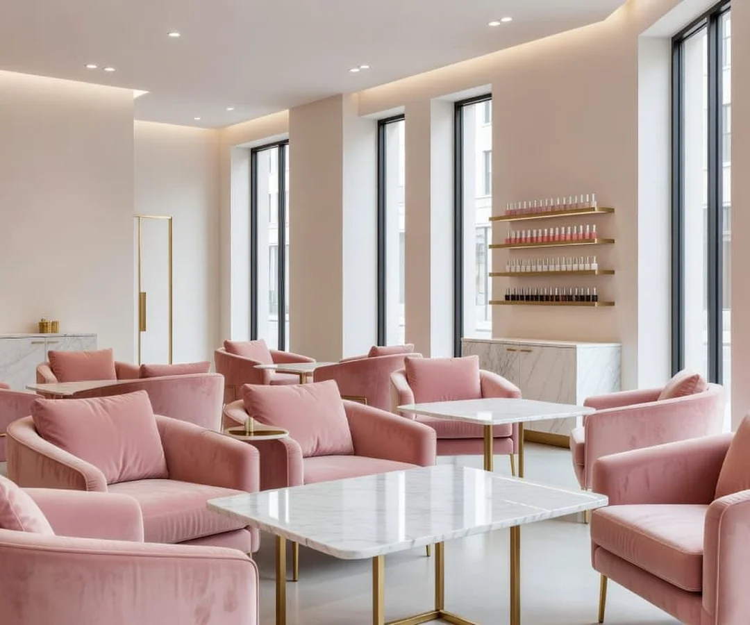 A bright salon with pink velvet chairs