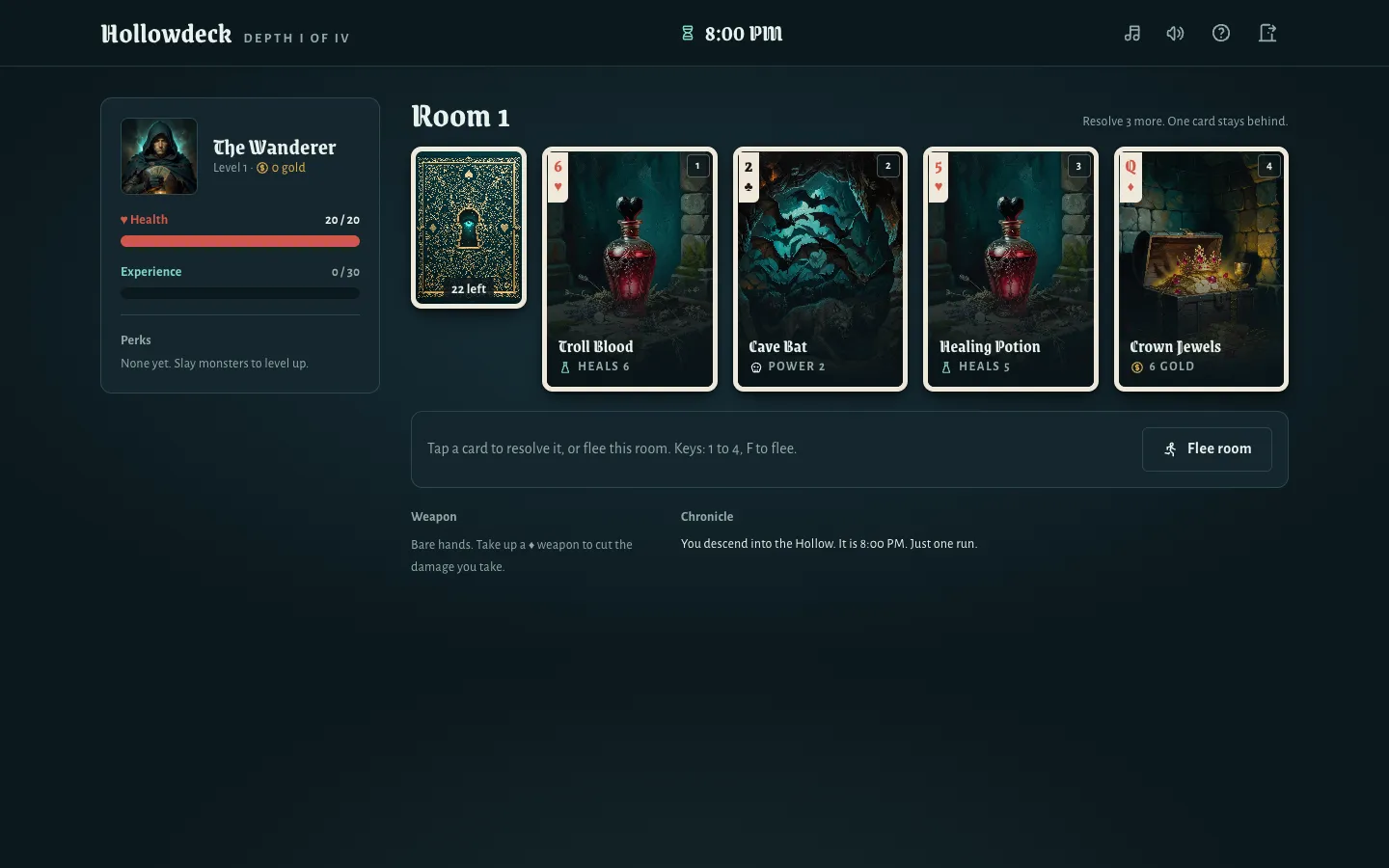 Hollowdeck, a card game built by Claude Opus 5.5 in Looops, showing a room of four illustrated cards