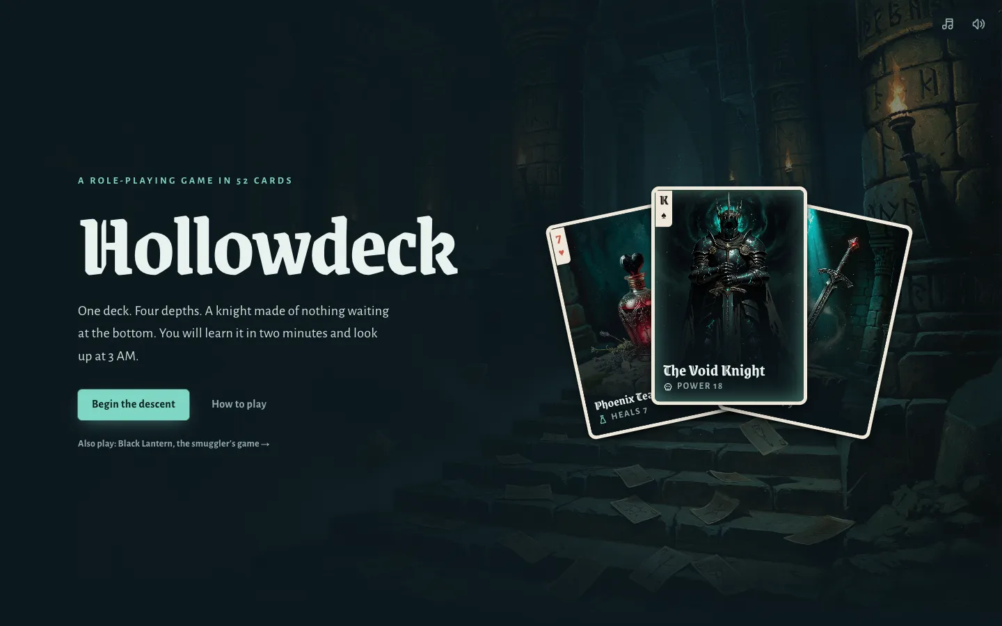 Hollowdeck, a card role-playing game built by Claude Opus 5.5 in Looops: illustrated cards over a torch-lit dungeon