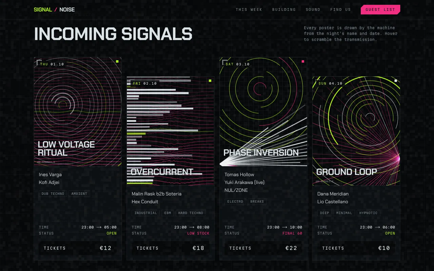 Signal/Noise club website built by Claude Opus 5.5 in Looops: four event cards, each with a unique generative poster drawn in code, plus times, genres and ticket prices