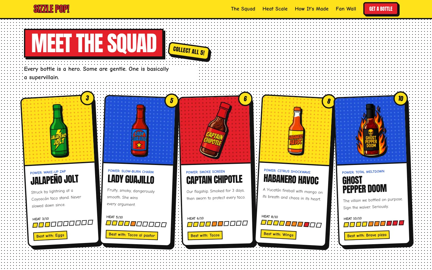 Sizzle Pop! hot sauce website built by Claude Opus 5.5 in Looops: five comic-book trading cards, one per sauce, each with a bottle illustration, a superpower and a heat meter