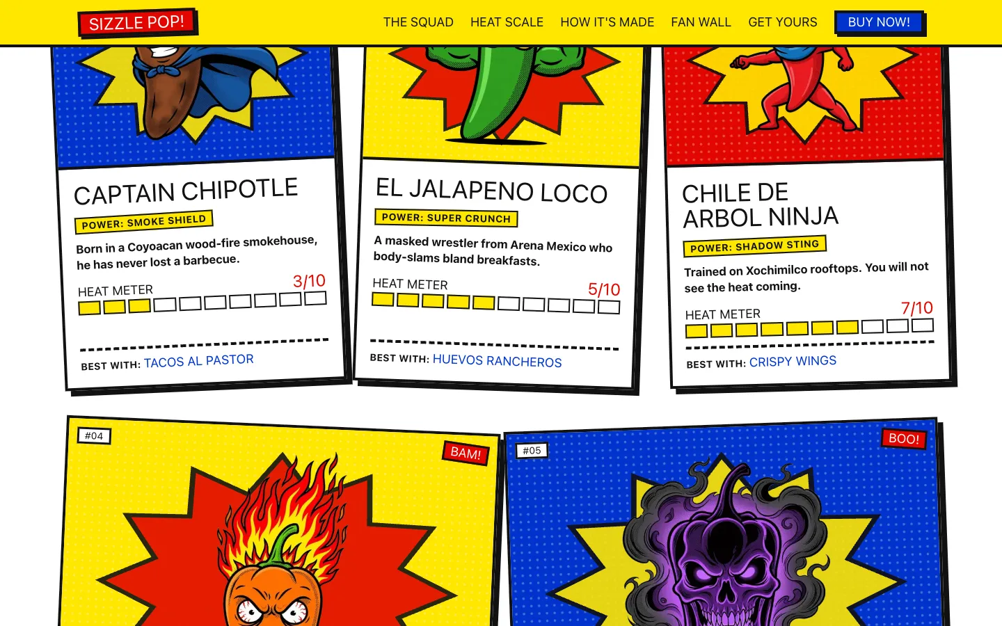 The Sonnet 5.5 version of the Sizzle Pop! site: sauce characters drawn as cartoon heroes on comic cards, with heat meters and pairings
