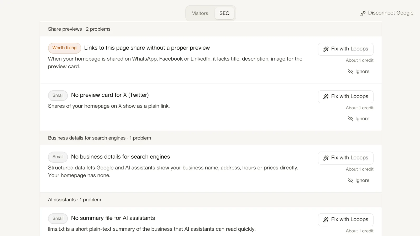 The Looops SEO check listing problems in plain words, each with a Fix with Looops button, including share previews, business details and AI assistants