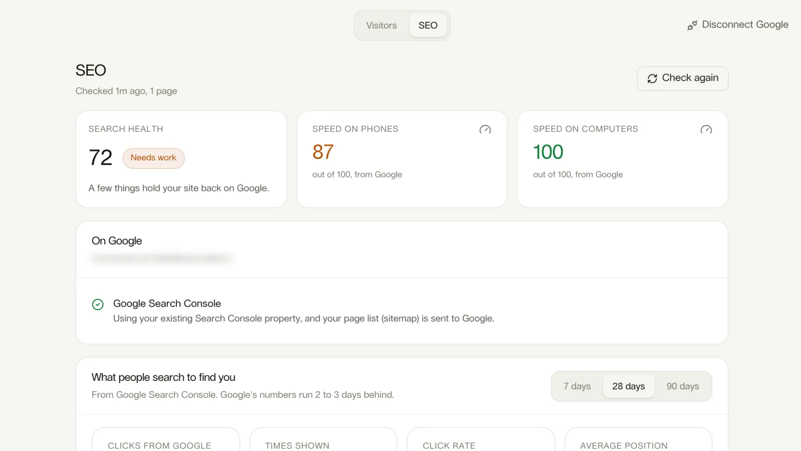 The SEO view of the Looops Growth tab: search health score, speed on phones and computers from Google, and Search Console connected