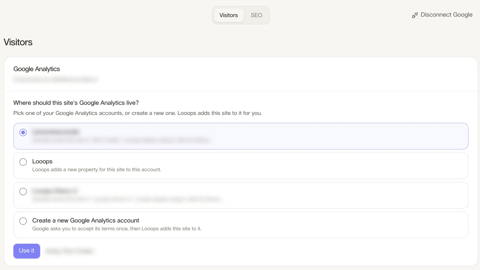 Setting up Google Analytics in Looops: pick one of your Google Analytics accounts or create a new one