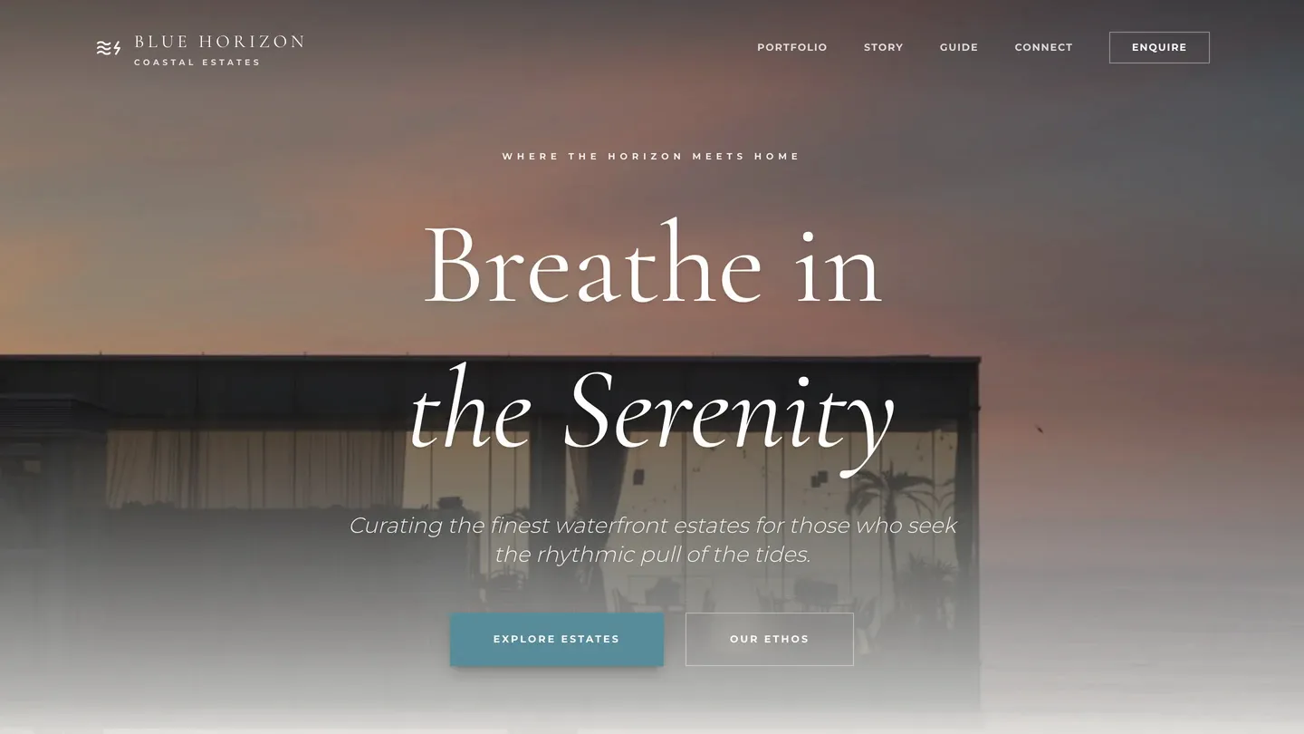 A coastal property website built with Looops: an elegant serif headline over a waterfront house at dusk