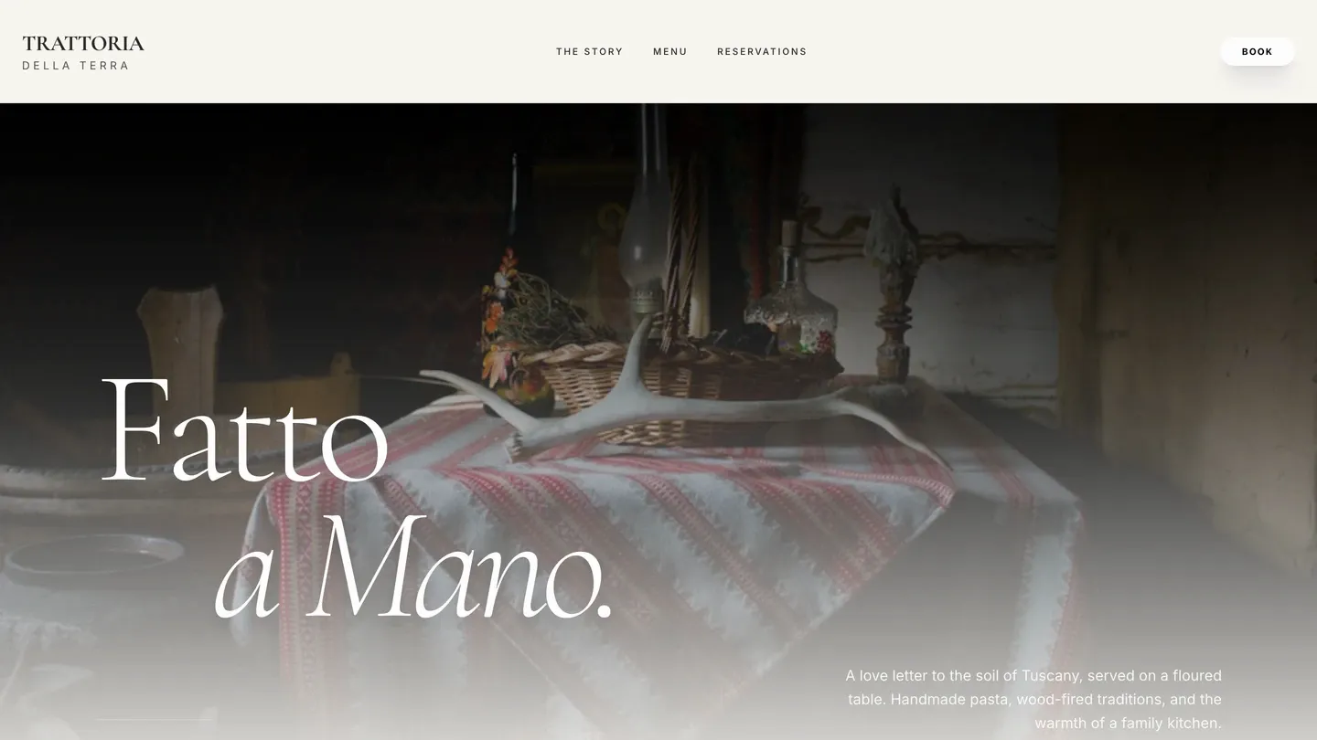 A trattoria website built with Looops: an editorial serif headline over a rustic table, with menu and reservations