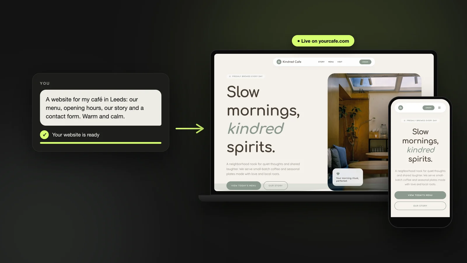 A one-line request for a cafe website in the Looops chat, and the finished site on a laptop and a phone