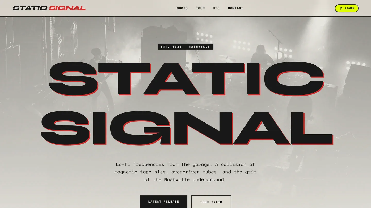 An indie band website built with Looops: huge bold band name over a smoky live stage photo, with listen and tour dates buttons