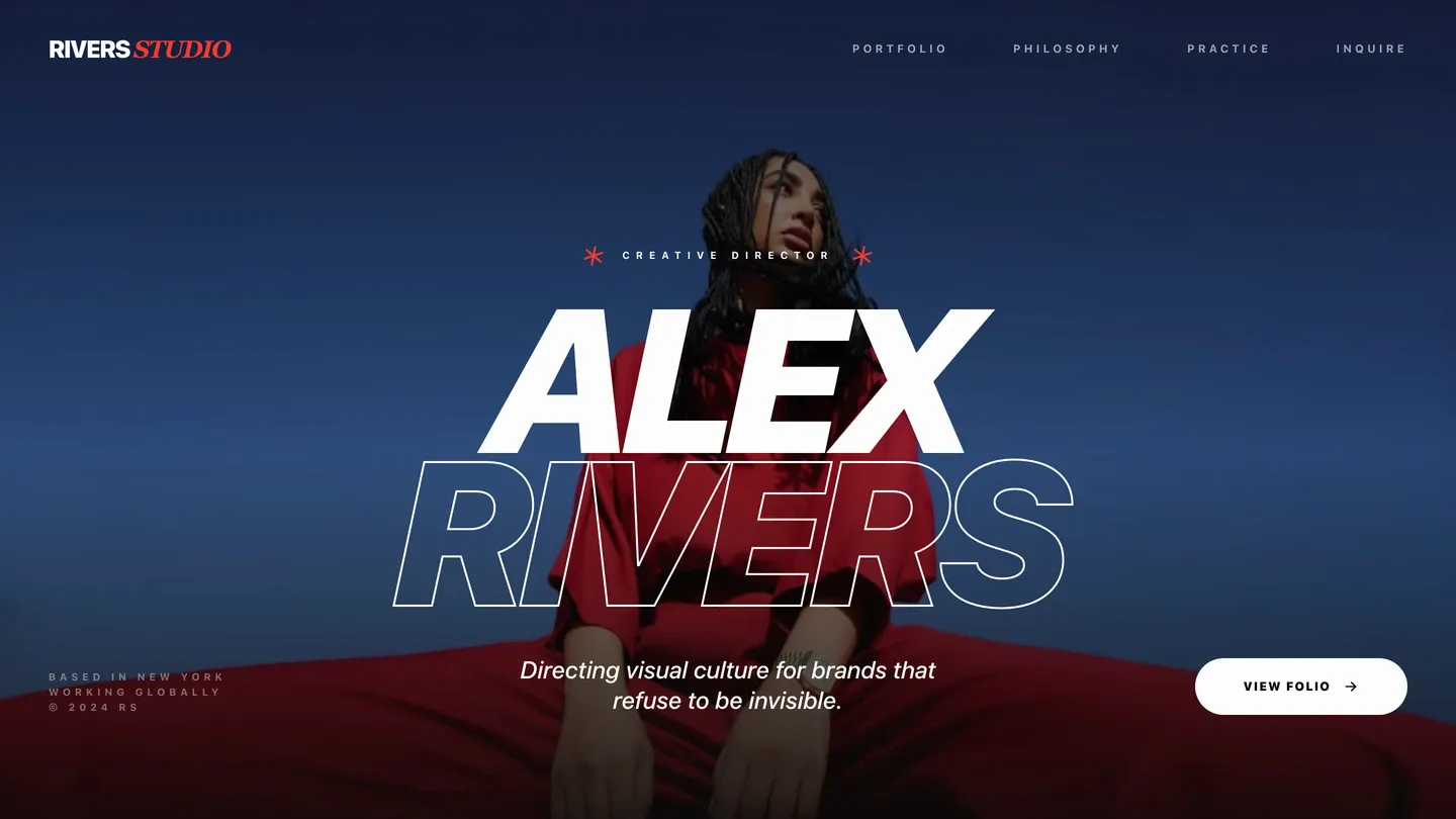 A creative director's portfolio website built with Looops: a bold name over a portrait, with a view folio button