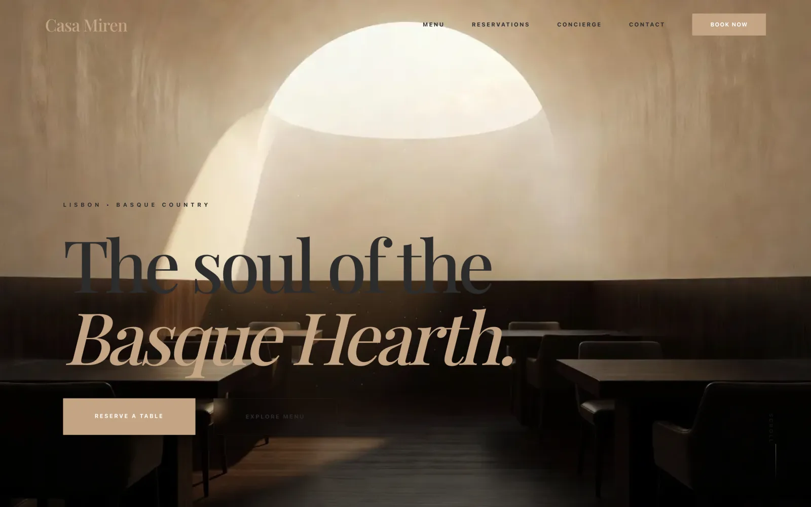 A restaurant website hero designed by Looops, warm editorial typography over a skylit dining room