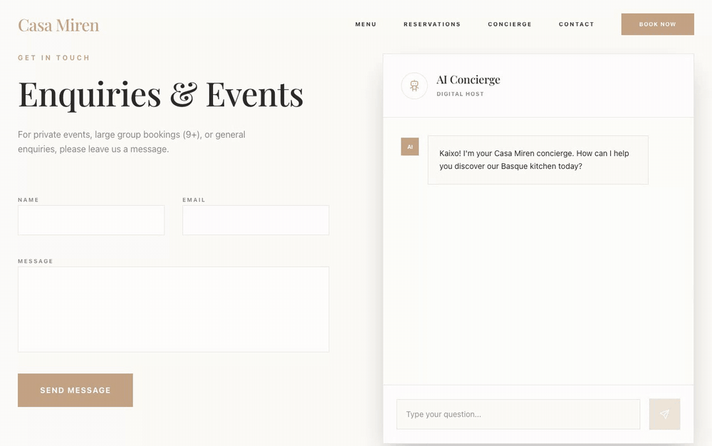 Filling a contact form on a published site and receiving an instant confirmation message