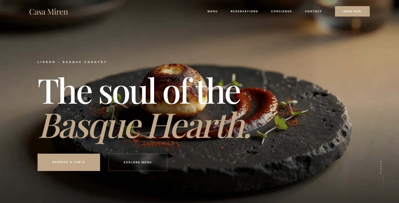 A restaurant website hero built by Looops this summer, plated dish photography with editorial typography