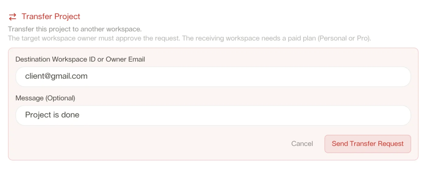 The Looops transfer panel, entering a client's email to send a project transfer request