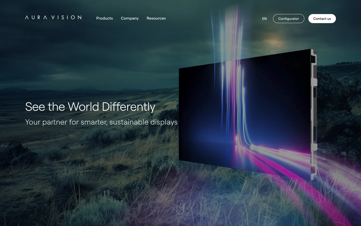Aura Vision homepage, a customer website built with Looops: an LED display panel against a moody landscape with the headline See the World Differently