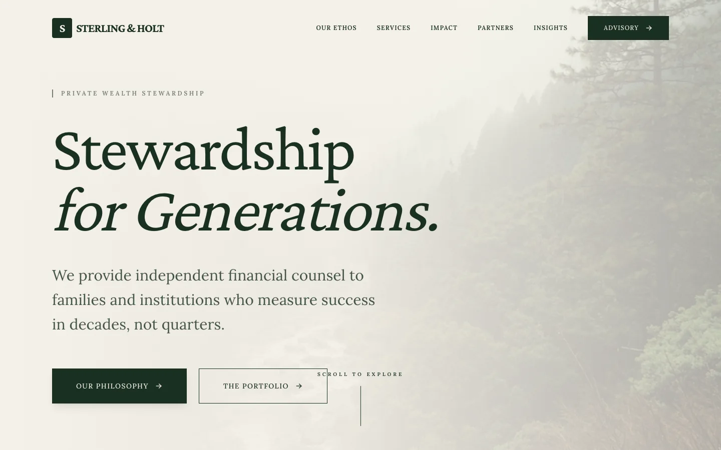 Sterling & Holt demo homepage: serif headline "Stewardship for Generations" over a misty forest photograph