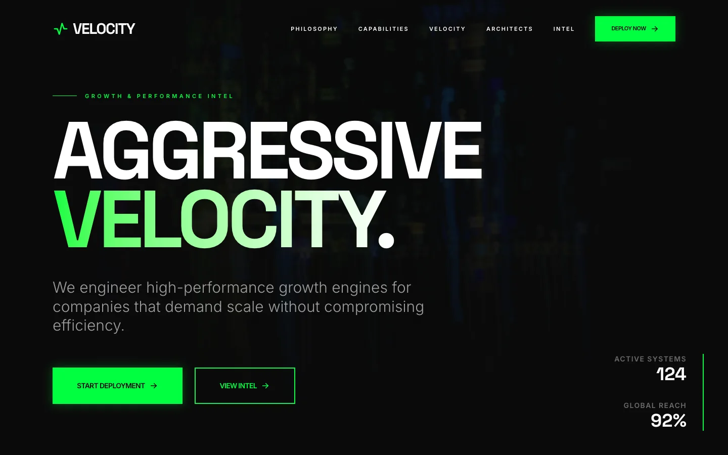 Velocity demo homepage: the capitalised headline "Aggressive Velocity" in white and neon green on black