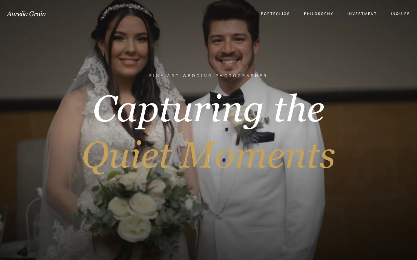 Aurelia Grain demo homepage: a wedding couple photograph behind the headline "Capturing the Quiet Moments"