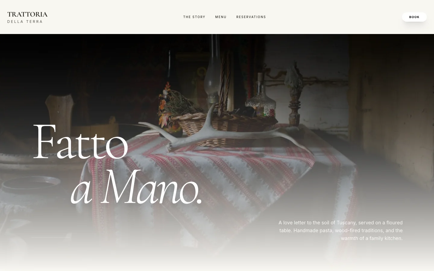 Trattoria della Terra demo homepage: a rustic table scene with the serif headline "Fatto a Mano" and a Book button