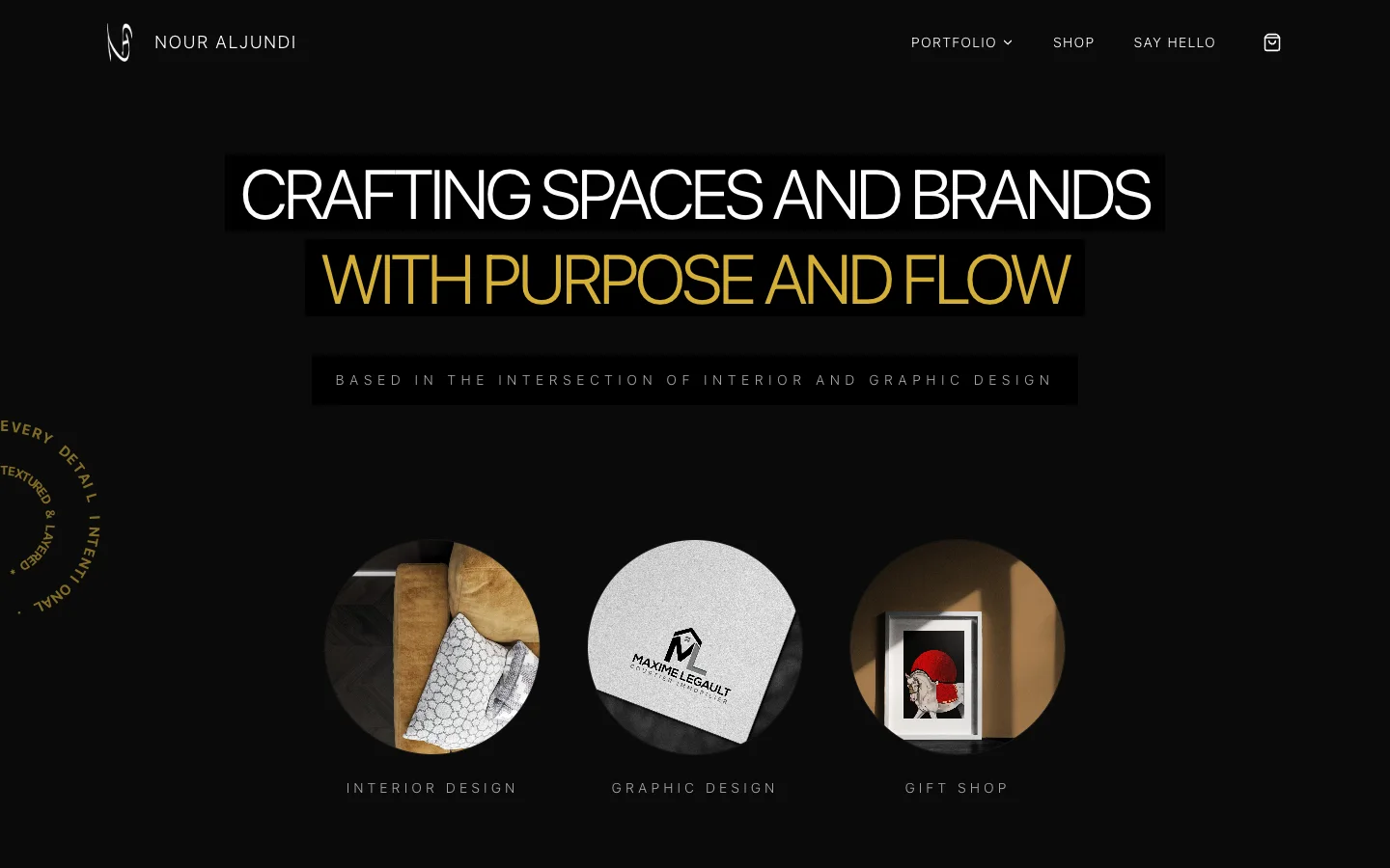 NA Design homepage: black background, the headline "Crafting spaces and brands with purpose and flow" and three circular entry points for interior design, graphic design and gift shop
