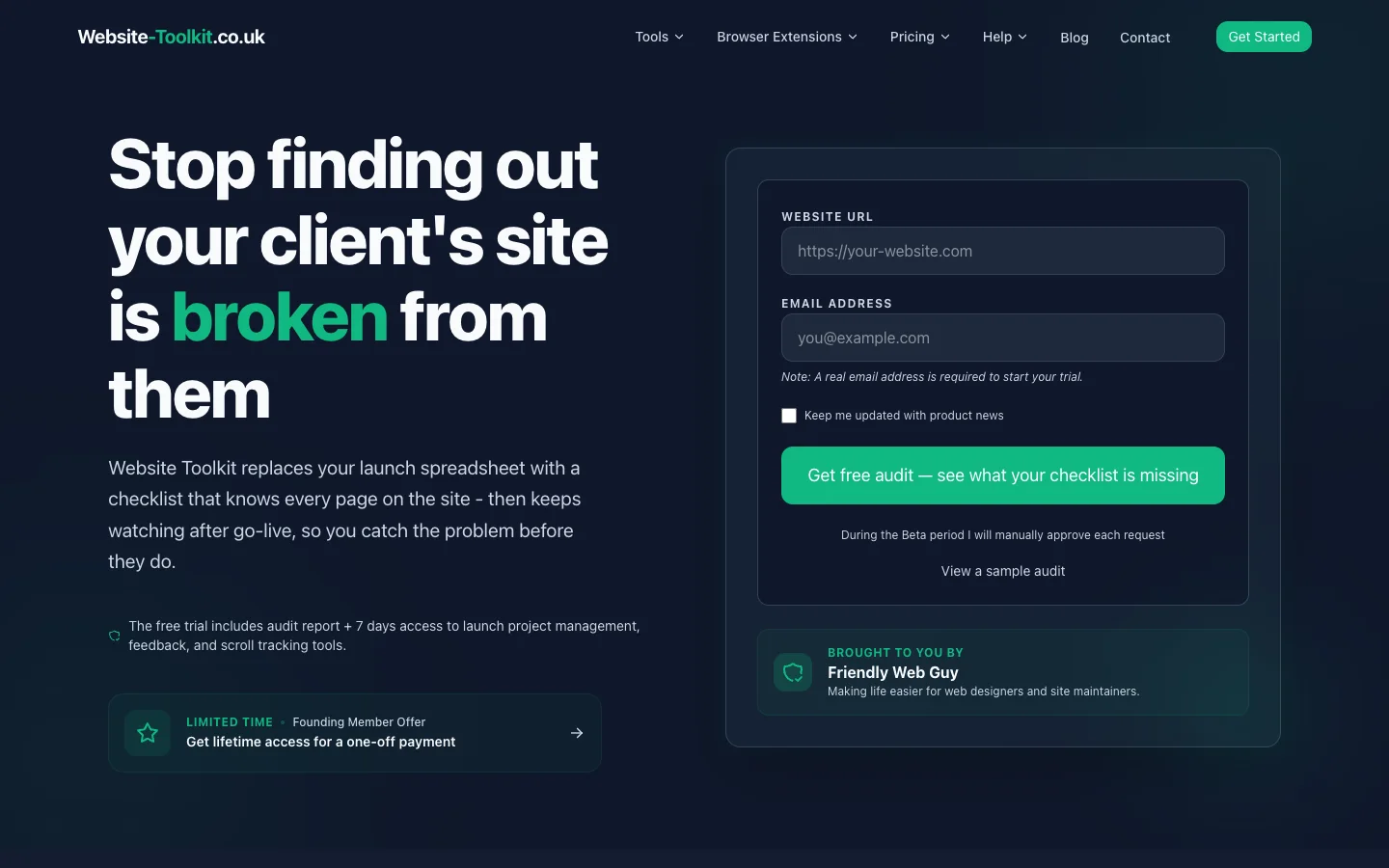 Website Toolkit homepage: headline "Stop finding out your client's site is broken from them" beside a free audit form